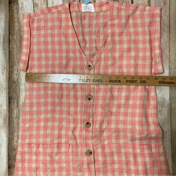 Lou & Grey Linen Gingham Shirtdress Women XSP V-neck Pockets pink & tan check - Picture 3 of 10